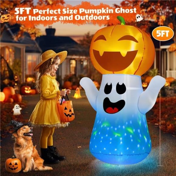 5FT Halloween Inflatables Pumpkin Ghost Built-in 3-Pattern Colorful Flashing - Picture 5 of 7